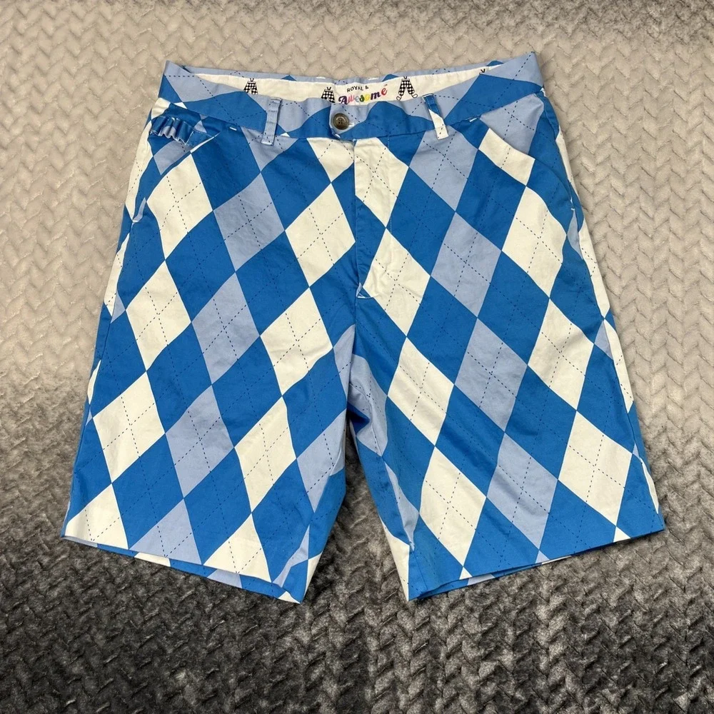 Royal & Awesome Golf Shorts Mens Size 34 Blue Argyle Cotton Stretch Outdoor